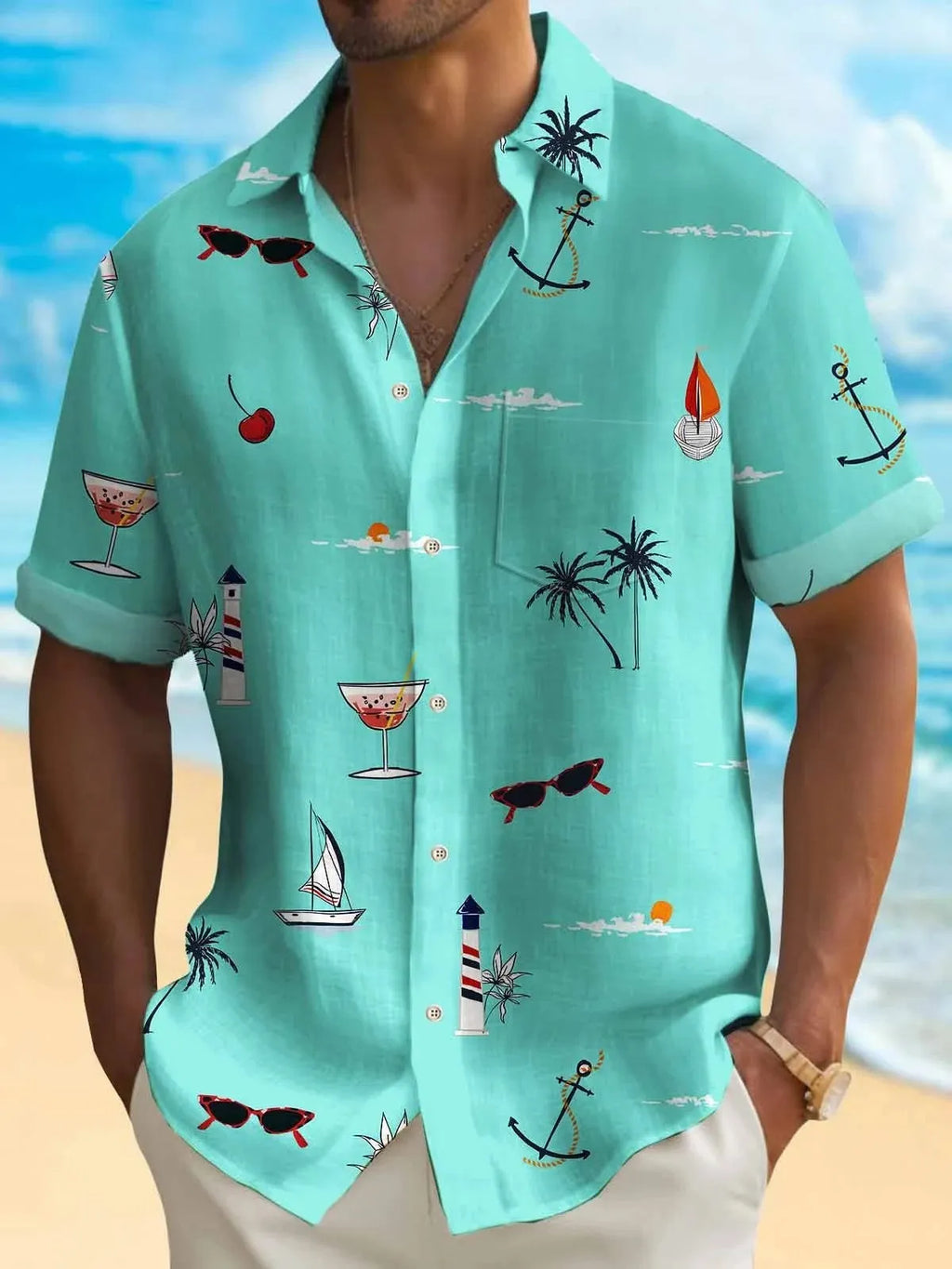 Men's loose fit Hawaiian shirt with digital print pattern, short sleeves.