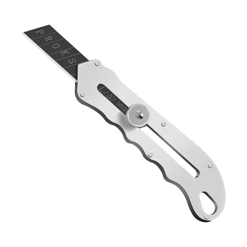 Stainless steel folding art knife with black blade and included long and trapezoidal blades