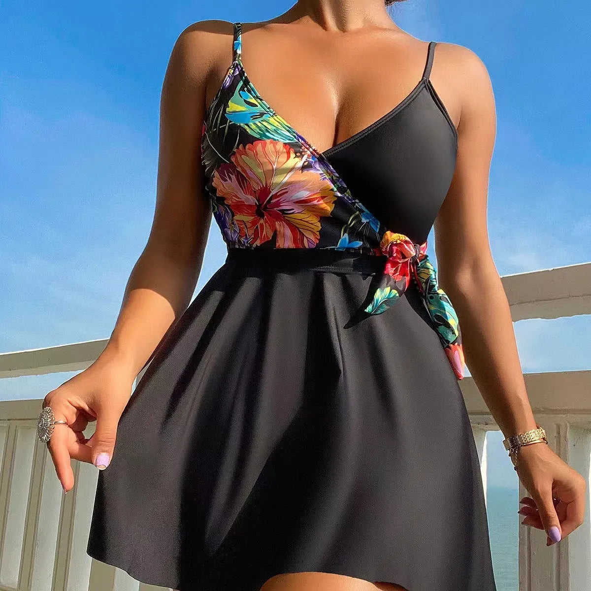 Women's black high waist briefs printed split bikini swimwear for sports and swimming