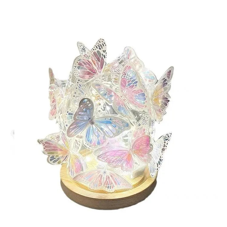 Butterfly night lamp with glass shade and raw wood base measuring 12x15cm for bedside ambience lighting