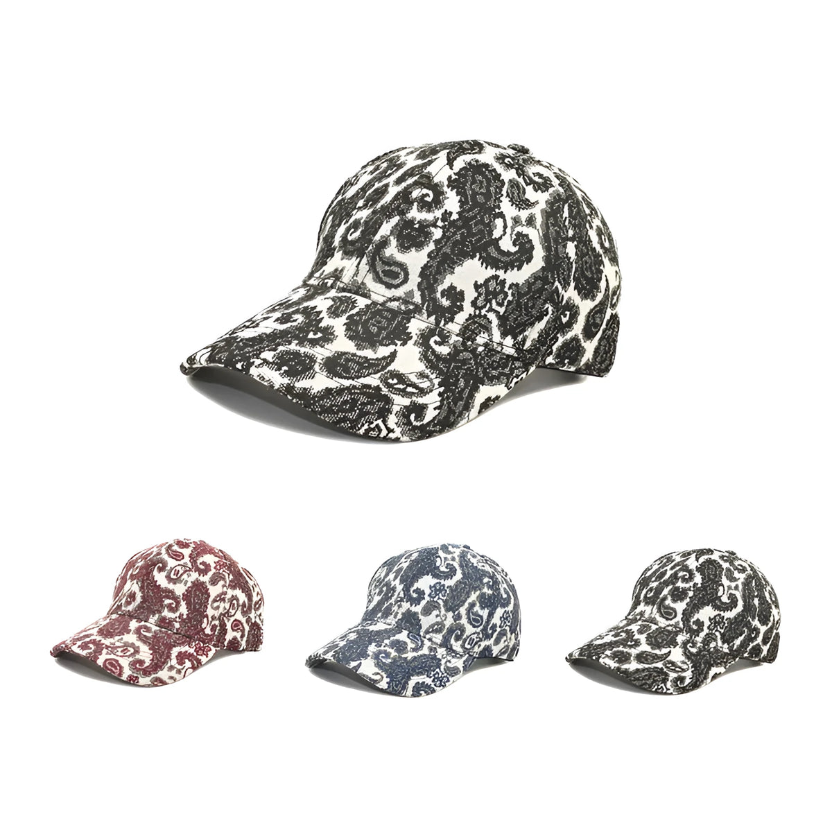 Polyester baseball cap with paisley pattern print in blue, black or wine red colours showing dome crown design
