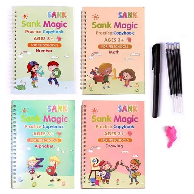 Four magic calligraphy practice copybooks with magnetic stylus pen and spare refills