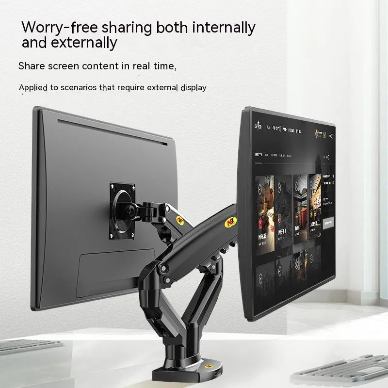 Dual screen lifting monitor bracket for VESA compatible monitors in aluminium and plastic construction.