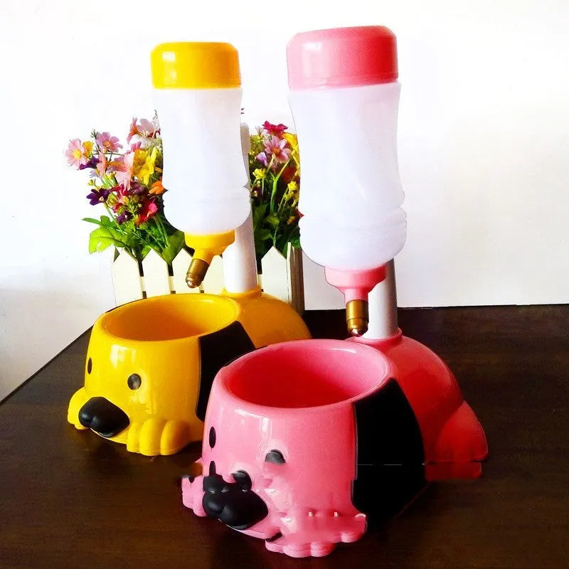 Adjustable height pet drinking bowl with rod lifting mechanism in pink, blue, or yellow colours