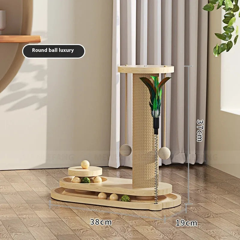 Solid wood cat scratching post climbing frame with interactive turntable in various style options