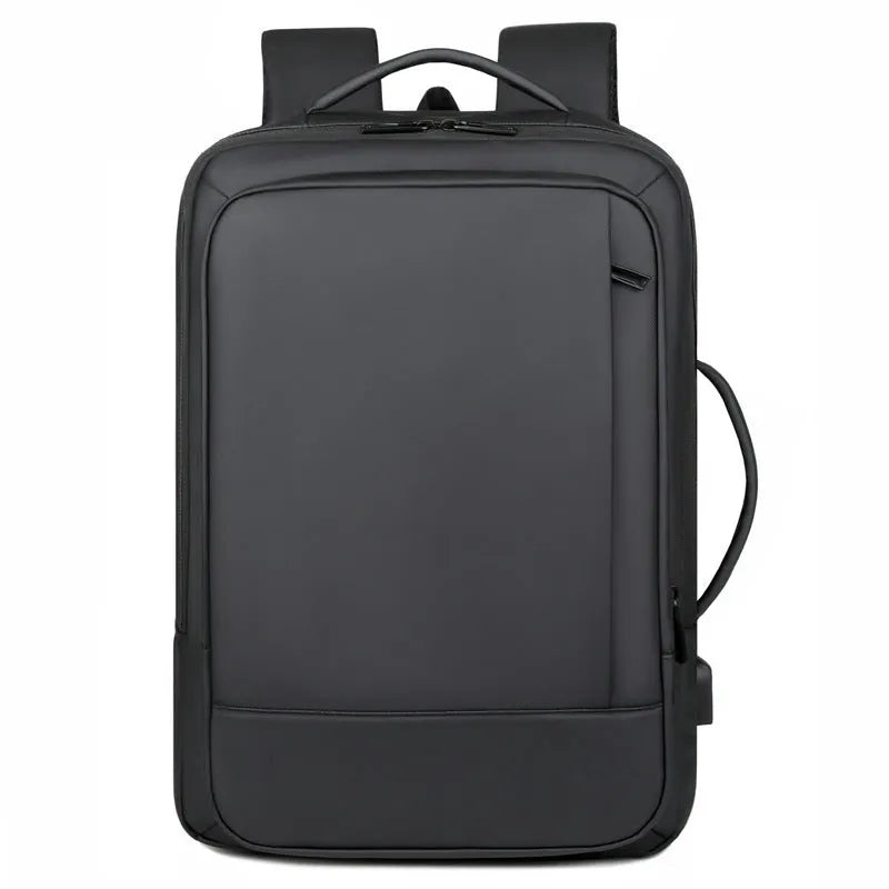 Black Oxford cloth business backpack with shoulder straps showing 20-35L capacity