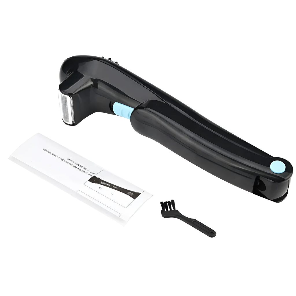Black folding electric body shaver with compact closed design and ABS plastic housing.