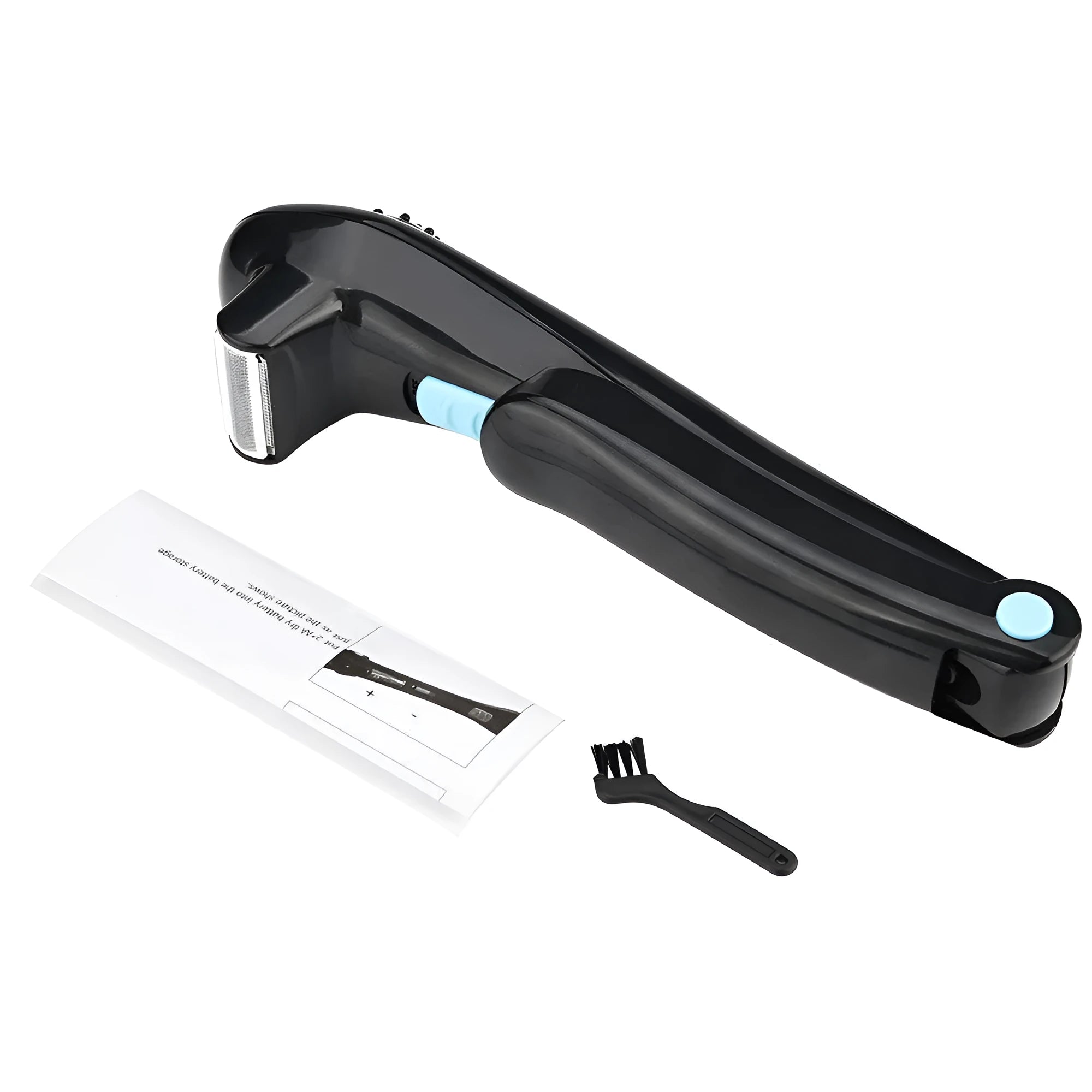 Black folding electric body shaver with compact closed design and ABS plastic housing.