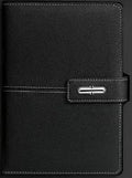 A5 notebook with PU leather cover shown in multiple colour options including black, red, green, blue, and orange.