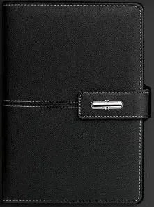 A5 notebook with PU leather cover shown in multiple colour options including black, red, green, blue, and orange.