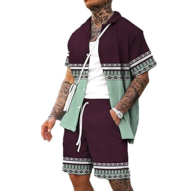 Men's wild print short sleeve shirt and shorts set in picture style colour, no hood, sizes S to 4XL