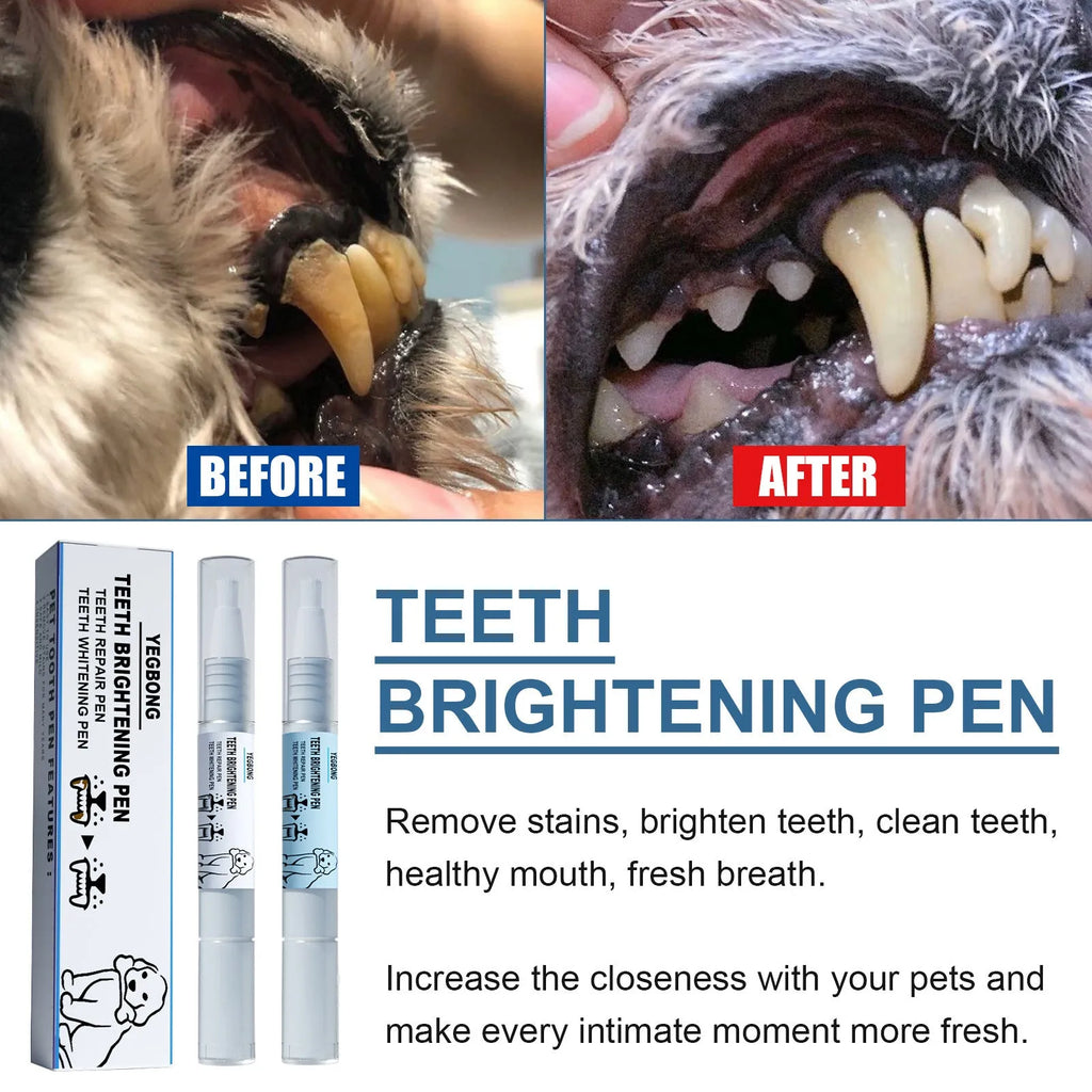 Pet teeth whitening pen and dental brush kit for dog and cat tartar removal.
