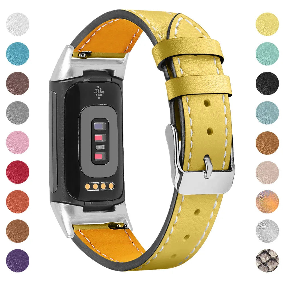 Genuine leather strap for Fitbit Charge 5 and Charge 6 smartwatch in apricot colour.
