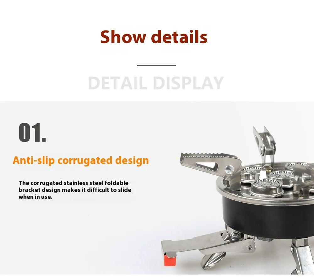 Silver stainless steel split camping stove with 100cm hose and foldable design