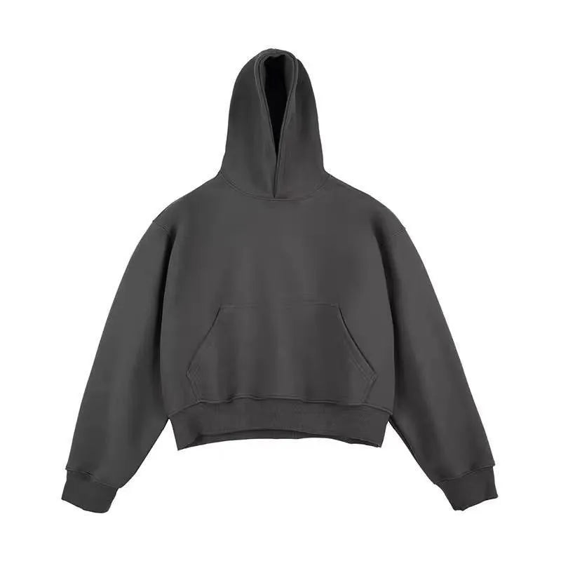 Short black Chinese cotton silver fox velvet hooded sweater with removable hood on a model.