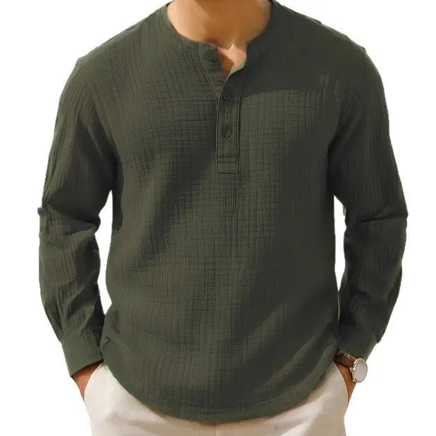 Men's slim fit cotton linen blend long sleeve shirt in Army Green with 3/4 sleeves and round neck
