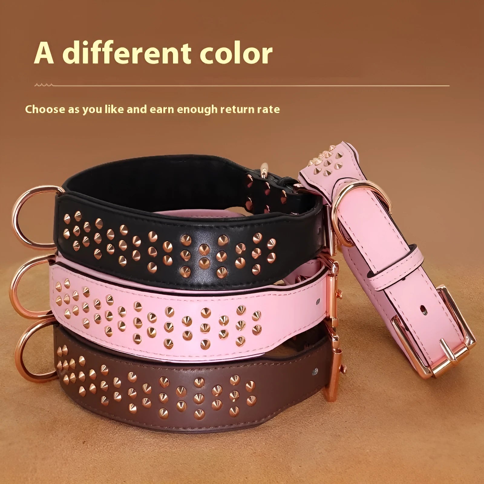 Leather dog collar with metal rivets in black, chocolate, and pink, shown in L and XL sizes.