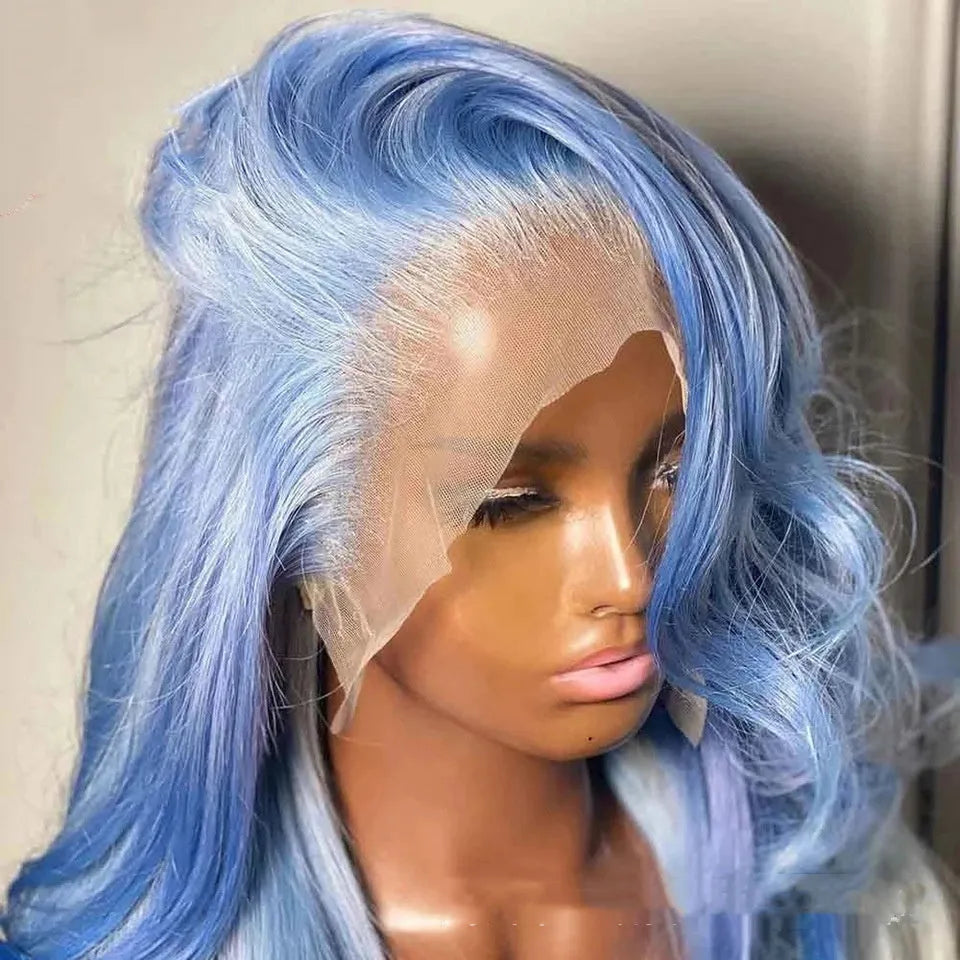 Body wave human hair lace front wig on a stand, showing medium-long length and lace front construction.