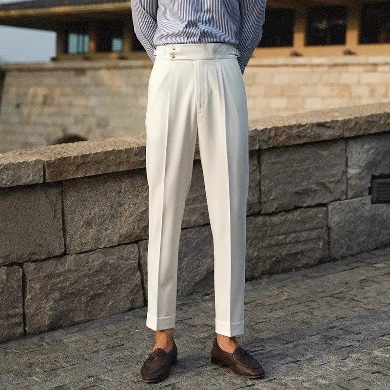 Men's slim fit straight cut trousers in black, white or apricot for business formal wear