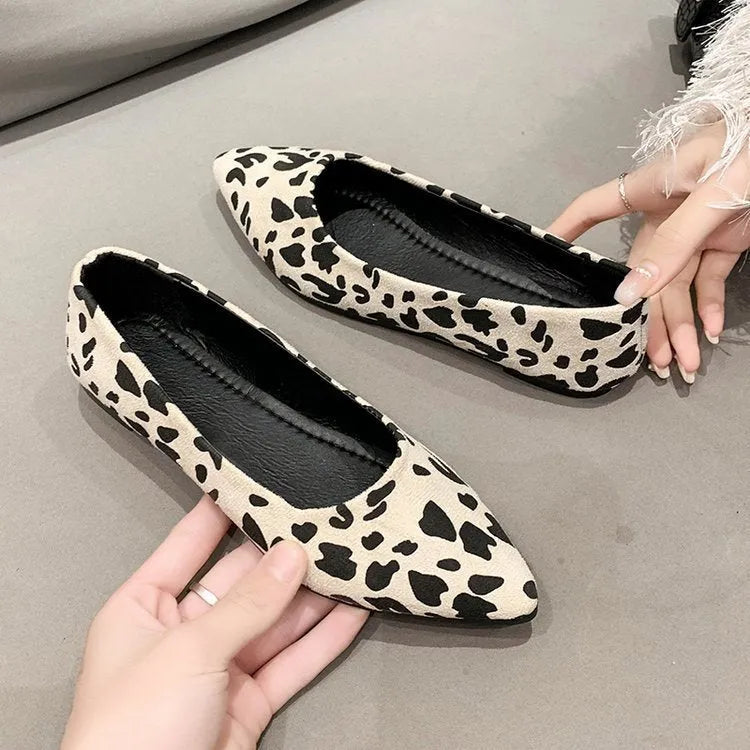 Women's leopard print pointed toe flat pumps with low heel on white background