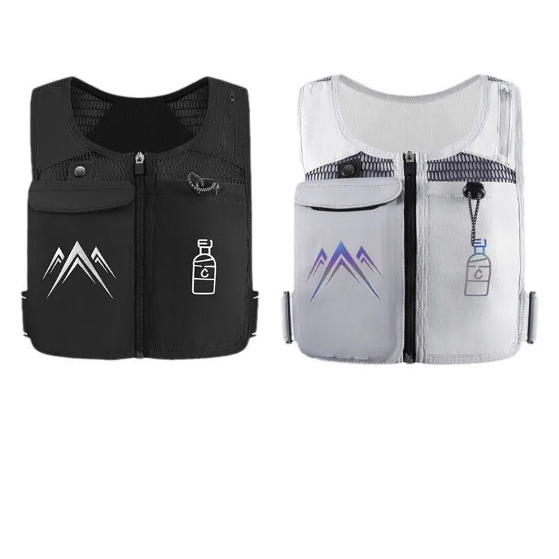 Sports running vest with breathable mesh and integrated phone compartment, shown in classic black colour