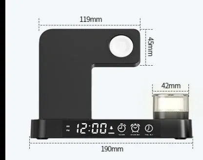White 4-in-1 wireless charging station showing alarm clock display, foldable stand, and charging pads for phone and Apple Watch.