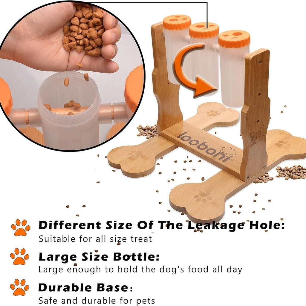 Wooden dog puzzle toy feeder with interactive design for slow feeding and mental stimulation games