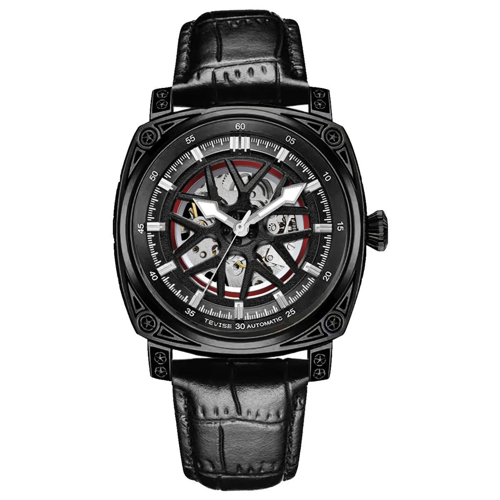 Men's automatic mechanical watch with stainless steel case and leather strap in four colour options