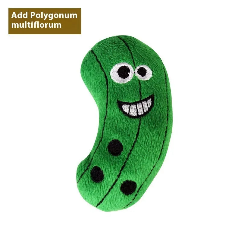 Six catnip plush toys shaped like burrito, cone, cucumber, mushroom, pineapple, and pizza for feline chewing play