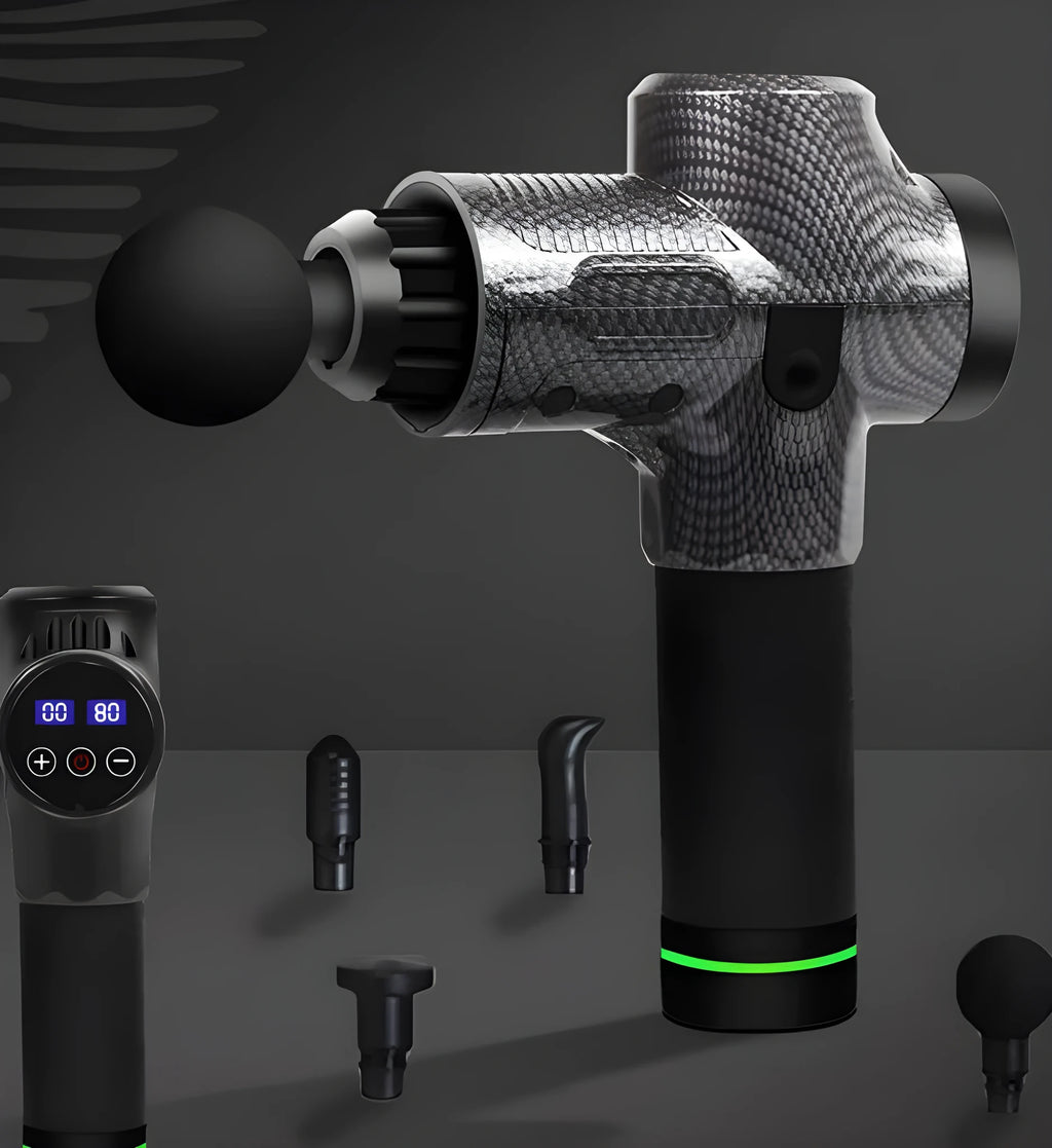 Black electric muscle massage gun with seven different coloured attachment heads on a grey background.