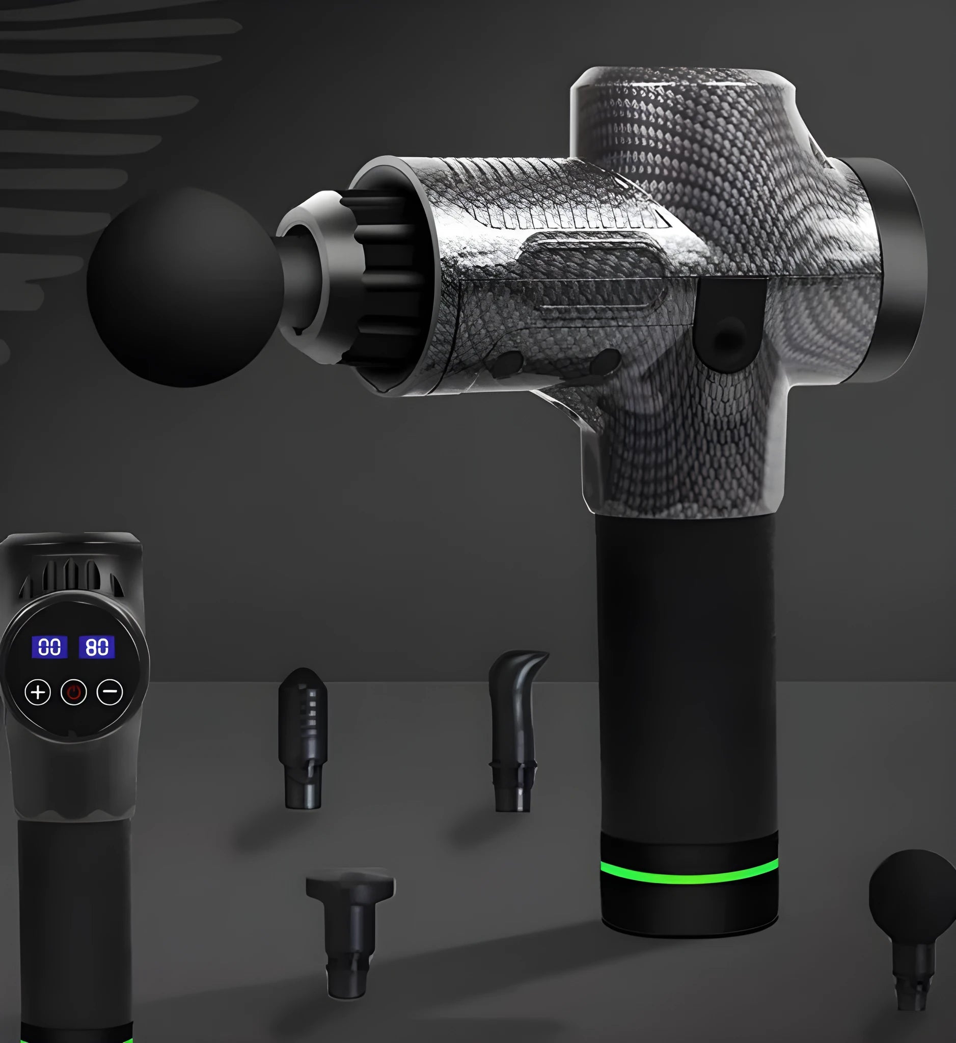 Black electric muscle massage gun with seven different coloured attachment heads on a grey background.