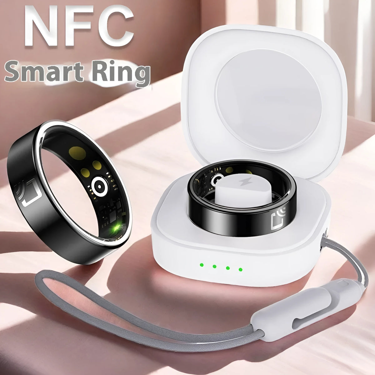 Black ceramic smart ring for health monitoring, shown with a charging case on a grey background.