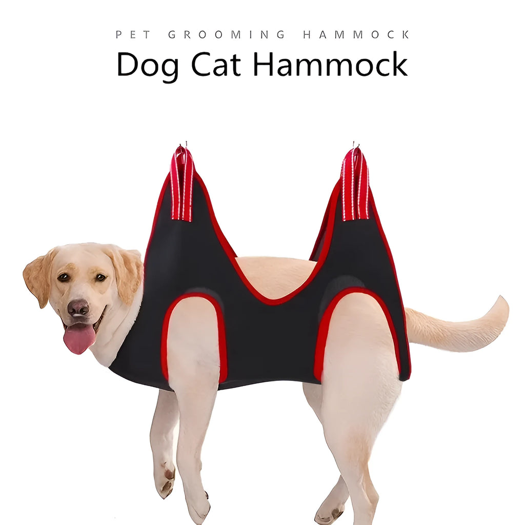 A suspended nylon mesh pet grooming hammock with a top zipper, hanging from its adjustable strap.