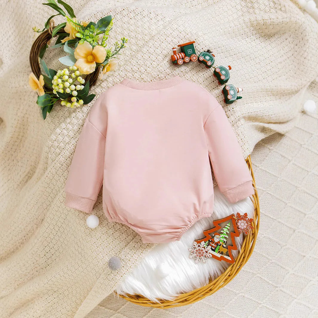 Girls' letter print long sleeve cotton triangle jumpsuit in lotus root colour for 0-12M babies