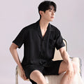 Men's lightweight ice silk pyjama set in a cardigan and shorts style with a satin jacquard pattern