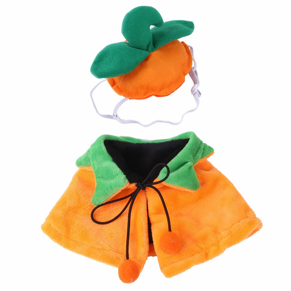 Orange double-sided pumpkin cloak costume on dog or cat with plush material and Halloween ornaments