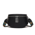 Women's saddle-shaped PU leather messenger bag in black with single shoulder strap and sewing line detailing