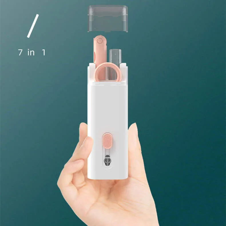 Multifunctional cleaning pen set with keycap puller, screen spray, and retractable brush in ABS, 60x130x15mm
