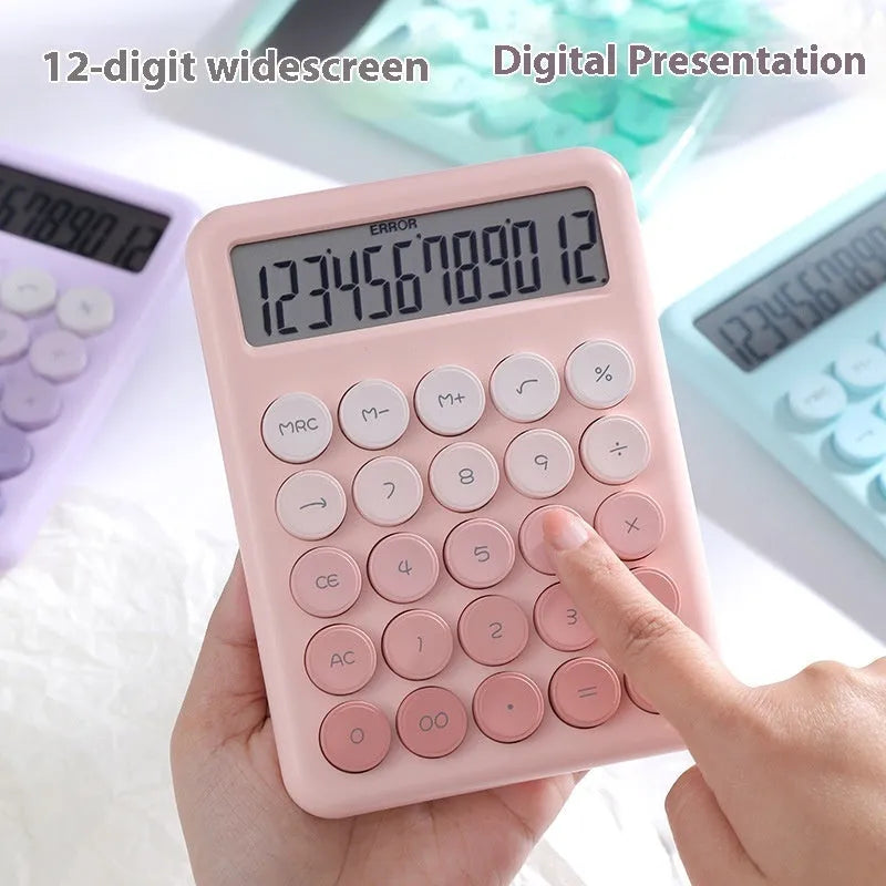 Gradient colour desk calculator in violet, pink, blue, or mint green on a desk