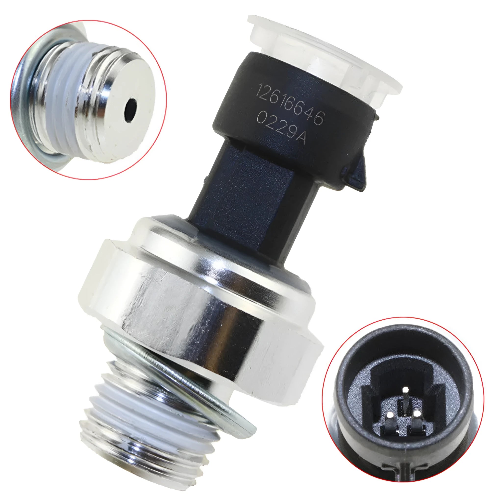 Oil pressure sensor for Buick and Chevrolet cars, part numbers 12573107 12567323 visible