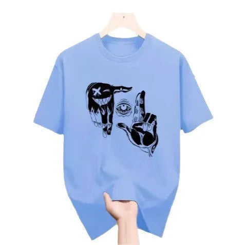 Men's grey cartoon print t-shirt with round neck and short sleeves on a hanger.