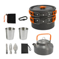 Green camping teapot set with aluminium alloy boiling pot, frying pan, small bowls, burner and cutlery for 2-3 people