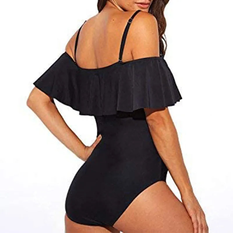 Black women's one-piece swimsuit with front cut-out design and ruffled shoulder straps