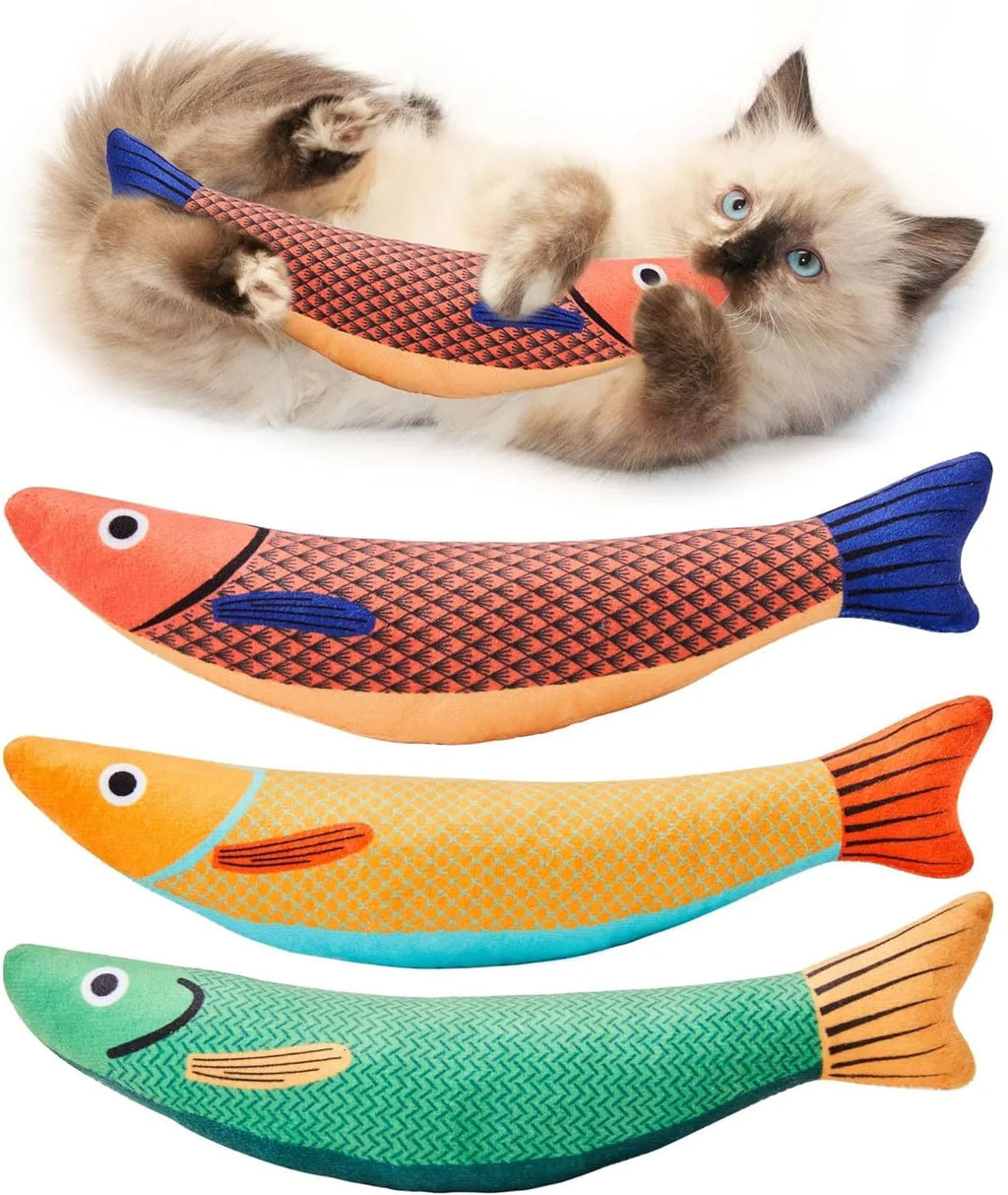 Green fish-shaped cat kicker toy with organic catnip filling and crinkle sound feature