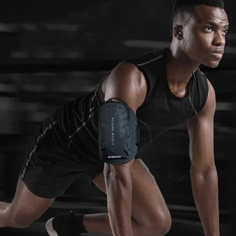 Reflective running arm bag with adjustable strap for phones up to 7 inches, shown in fluorescent yellow.