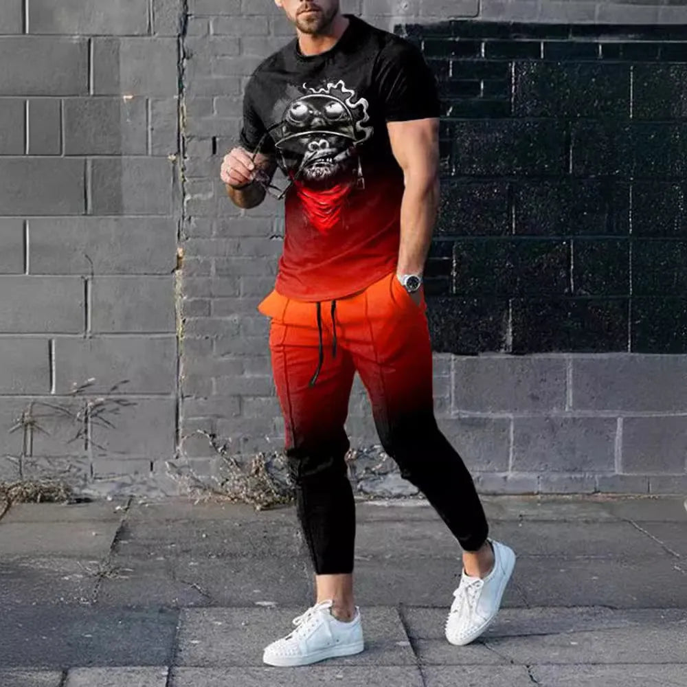 Man wearing a short-sleeved printed pullover and matching trousers from a lightweight polyester sport suit set.