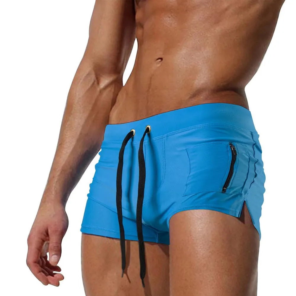 Men's solid colour high waist lace-up swimming trunks in polyester with spandex lining