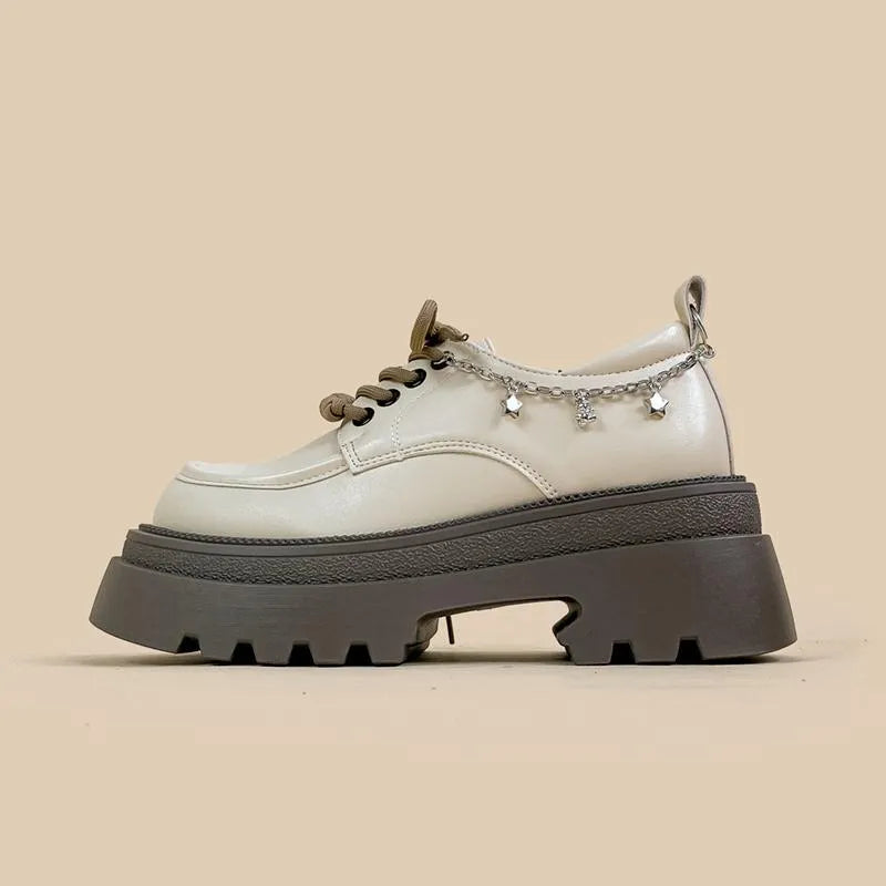 White women's Mary Jane platform shoes with round toe, lace-up front, and thick 6-8cm heel