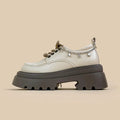 White women's Mary Jane platform shoes with round toe, lace-up front, and thick 6-8cm heel