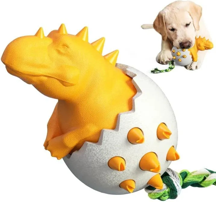 Blue durable dinosaur-shaped dog chew toy with an attached rope for aggressive chewers.